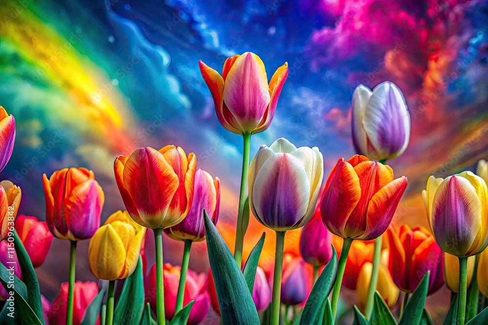 Surreal Tulip Photography: Vibrant Multicolored Flowers on Textured Background Surreal Tulip Photography: Vibrant Multicolored Flowers on Textured Background