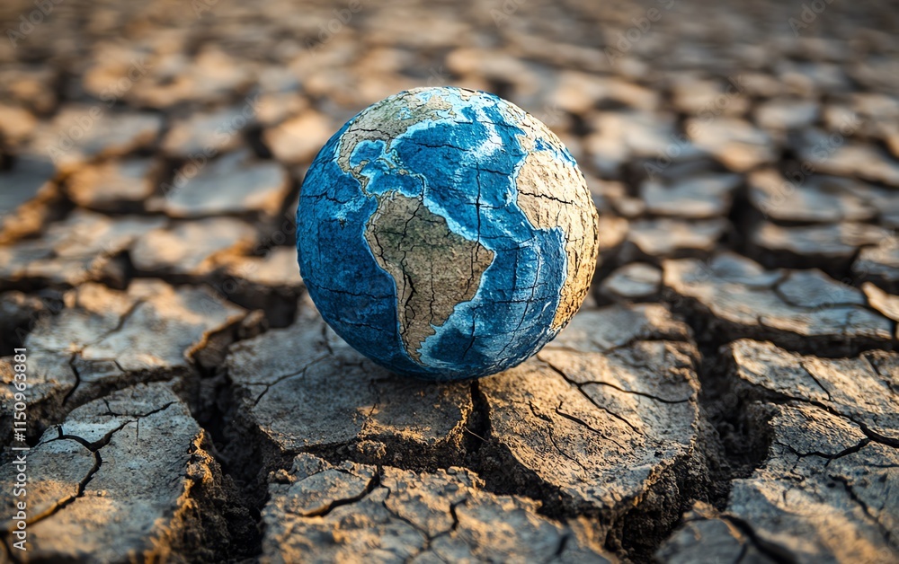 Globe on a dry, cracked earth surface, representing global warming, drought, and water shortage due to climate change, environmental degradation Globe on a dry, cracked earth surface, representing global warming, drought, and water shortage due to climate change, environmental degradation