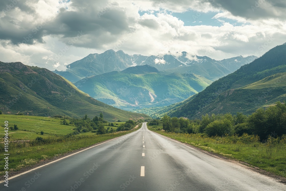 Naklejka premium Scenic mountain road disappearing into the valley under cloudy sky.