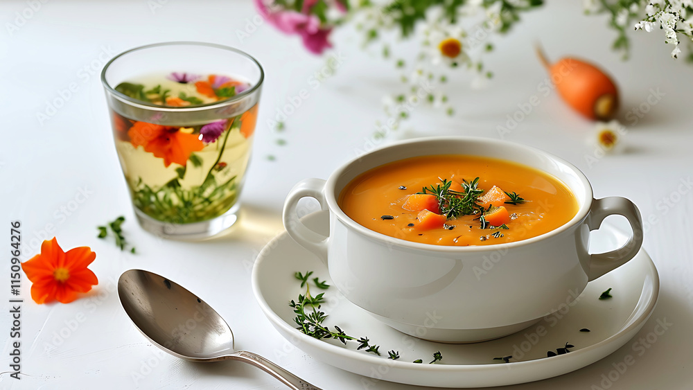 Delicious and healthy carrot soup with edible flowers and herbal tea. Concept of healthy eating, vegetarian food, and spring freshness. Delicious and healthy carrot soup with edible flowers and herbal tea. Concept of healthy eating, vegetarian food, and spring freshness.