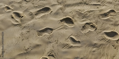 Close-up of sandy footprints on a beach, showing detailed impressions in soft golden sand. photo