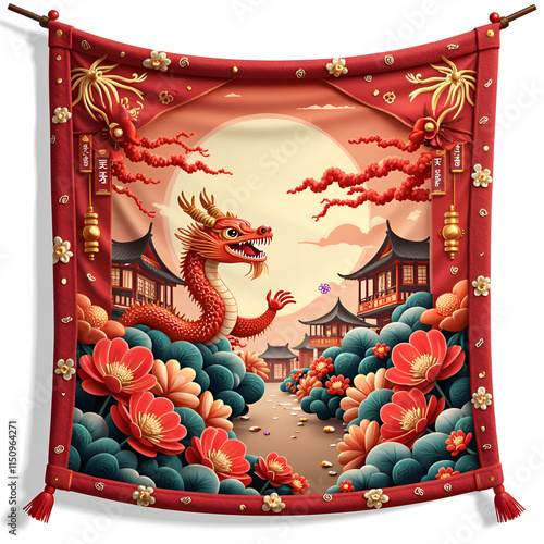 Wallpaper Mural A serene dragon beneath blossoms in a vibrant landscape of red and gold, digital illustration of fantasy art concept. Torontodigital.ca