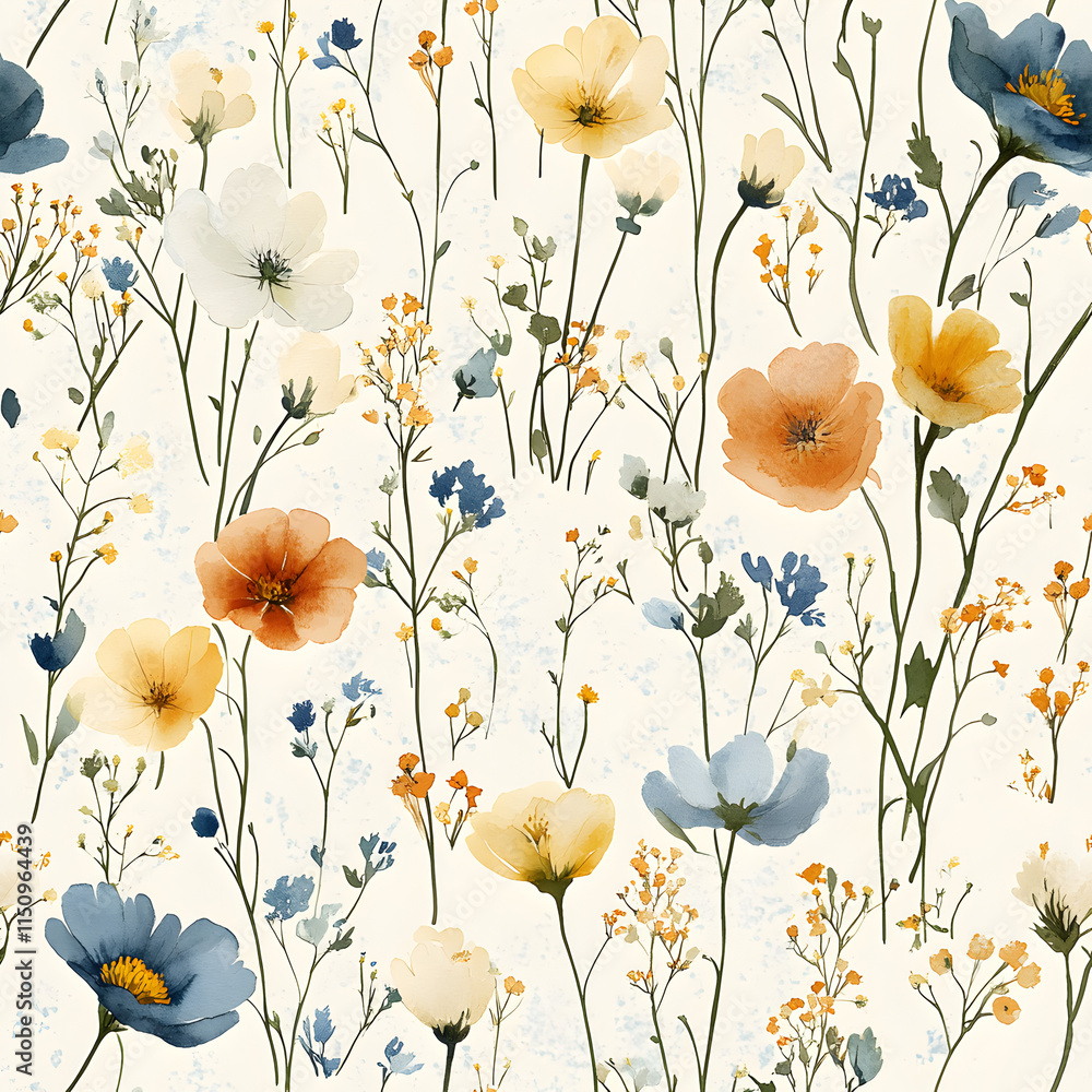 Naklejka premium Watercolor Wildflower Meadow Seamless Pattern