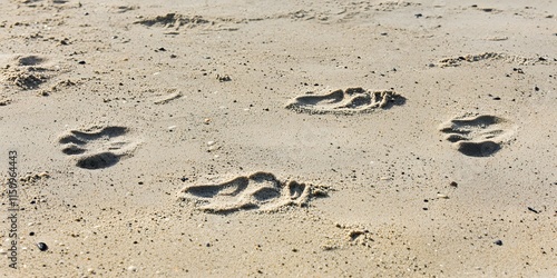 Close-up of human footprints on a sandy beach, showcasing natural patterns and sunlight. photo