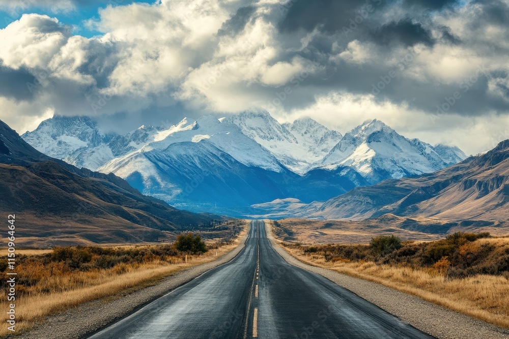 Fototapeta premium Scenic highway vanishing point leading to snow-capped mountains under dramatic sky.