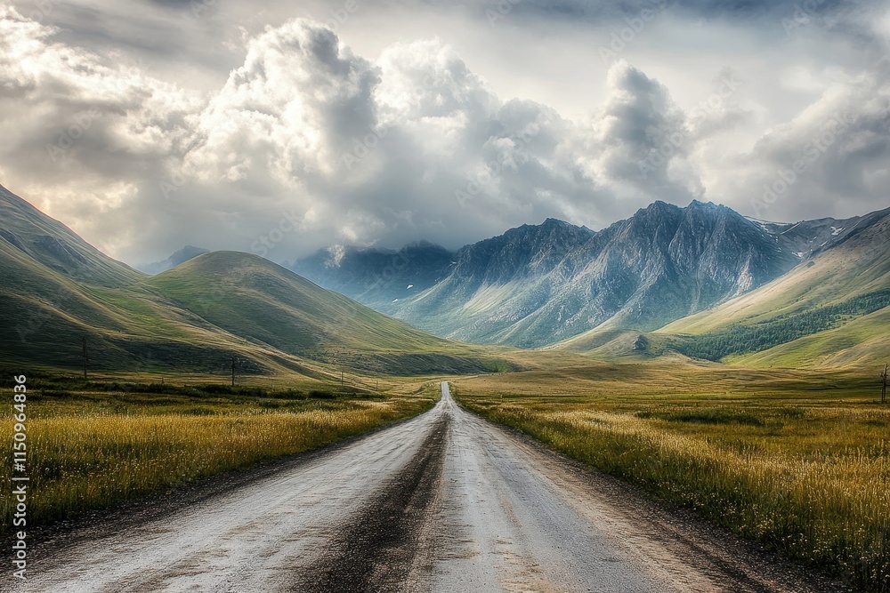 Scenic road disappearing into majestic mountains under a dramatic sky. Scenic road disappearing into majestic mountains under a dramatic sky.