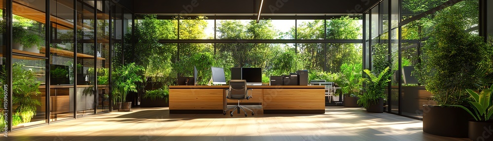 Fototapeta premium Modern ecological office with natural light, plants purifying the air, and sustainable materials, wooden desk with computer, reflecting an ecofriendly workspace