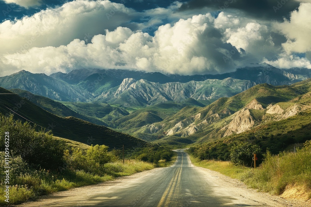 Fototapeta premium Scenic mountain road winding through a valley under a dramatic sky.