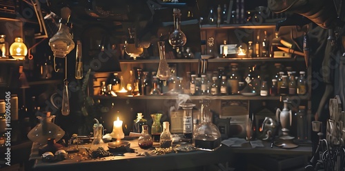 Medieval alchemists laboratory in dim light, showcasing potions, scrolls, and mystical tools of the trade. photo