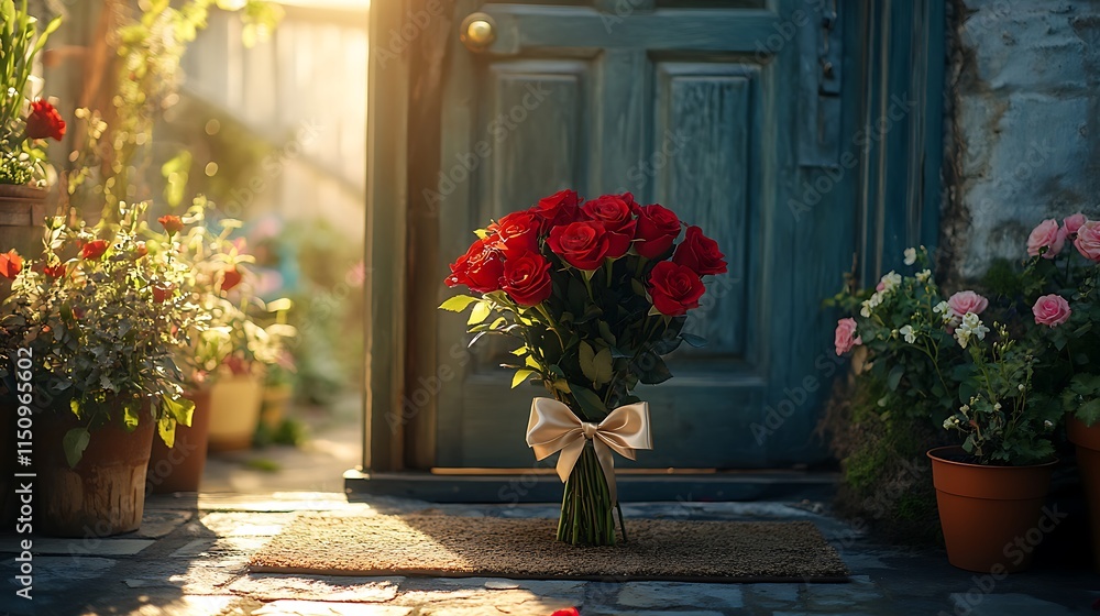 Fototapeta premium A cozy and heartwarming doorstep delivery scene with a bouquet of fresh red roses tied in a satin bow,