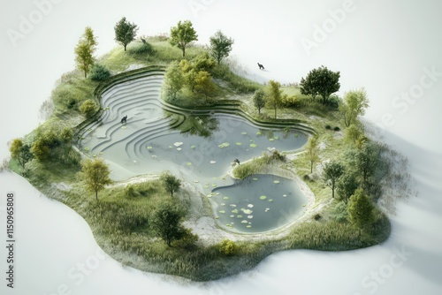 A nature reserve with a lake shaped like a rising bar graph, trees and animals thriving nearby.