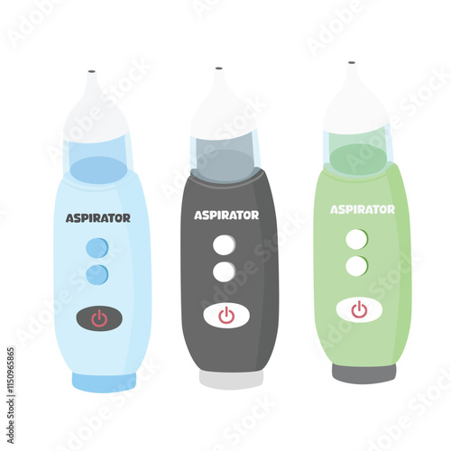Electric nasal aspirator vector set in cartoon style isolated on white background. Baby nasal aspirator, baby runny nose cleaning equipment. Baby medical equipment. Baby product clipart in flat design