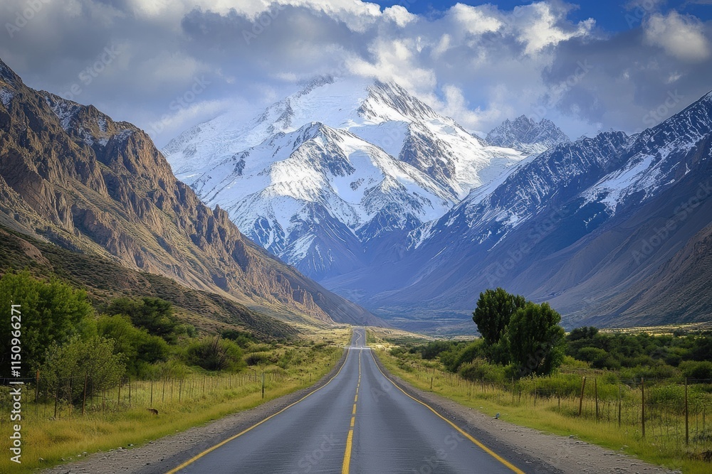 Scenic highway leading to snow-capped mountains under a partly cloudy sky. Scenic highway leading to snow-capped mountains under a partly cloudy sky.