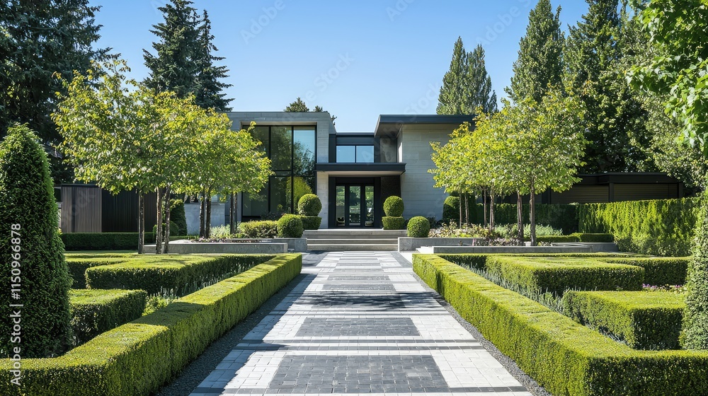 Fototapeta premium Modern home with landscaped garden and symmetrical pathways