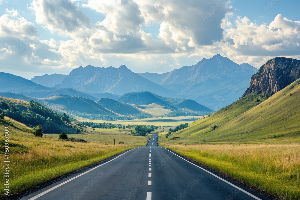 Naklejka premium Scenic highway through a mountain valley on a sunny day.