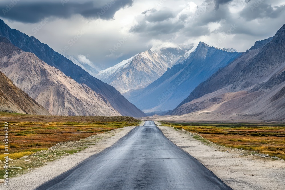 Scenic road winding through majestic mountains under a dramatic sky. Scenic road winding through majestic mountains under a dramatic sky.