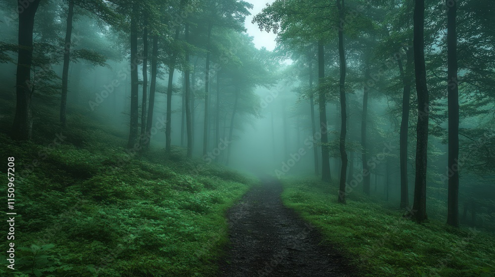 Fototapeta premium Misty forest path, green foliage, tall trees.