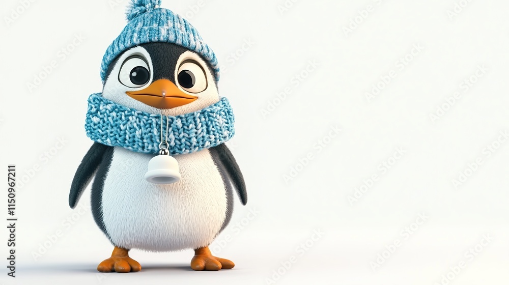 Obraz premium Adorable 3D Cartoon Penguin Wearing a Knitted Blue Scarf and Hat with a White Bell, Isolated on White Background.