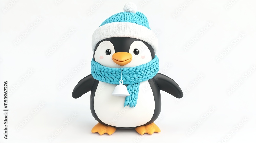 Naklejka premium Adorable 3D Cartoon Penguin Wearing a Knitted Blue Scarf and Hat with a White Bell, Isolated on White Background.