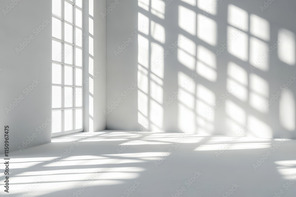 Sunlight streams through large windows casting shadows on white walls and floor of an empty room. Sunlight streams through large windows casting shadows on white walls and floor of an empty room.