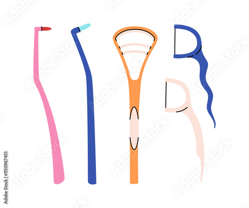 Set of oral hygiene products in a flat style. Different toothbrushes, mono beam brush, tongue scraper, dental floss. Teeth cleaning accessories. Colorful vector set