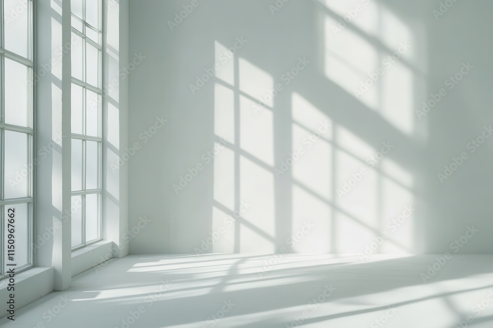 Sunlight streams through large window in empty white room, casting shadows on wall and floor. Sunlight streams through large window in empty white room, casting shadows on wall and floor.
