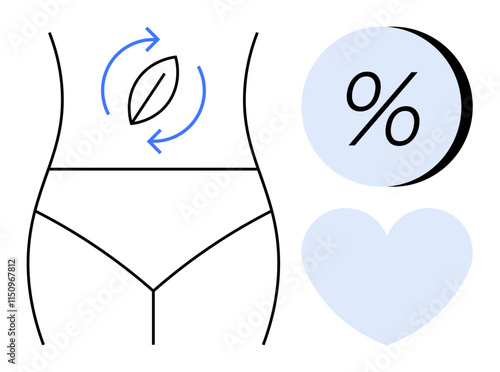 Woman s waist outlined with a rotation symbol near abdomen. Percent sign in circle, heart shape. Ideal for fitness, health, diet, weight loss, wellness, body positivity, medical topics. Line metaphor photo