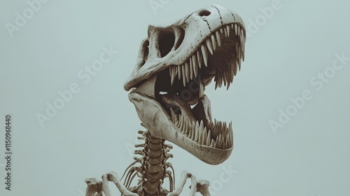 A skeleton of a Masiakasaurus, with its unique teeth and small size, placed on a white backdrop photo