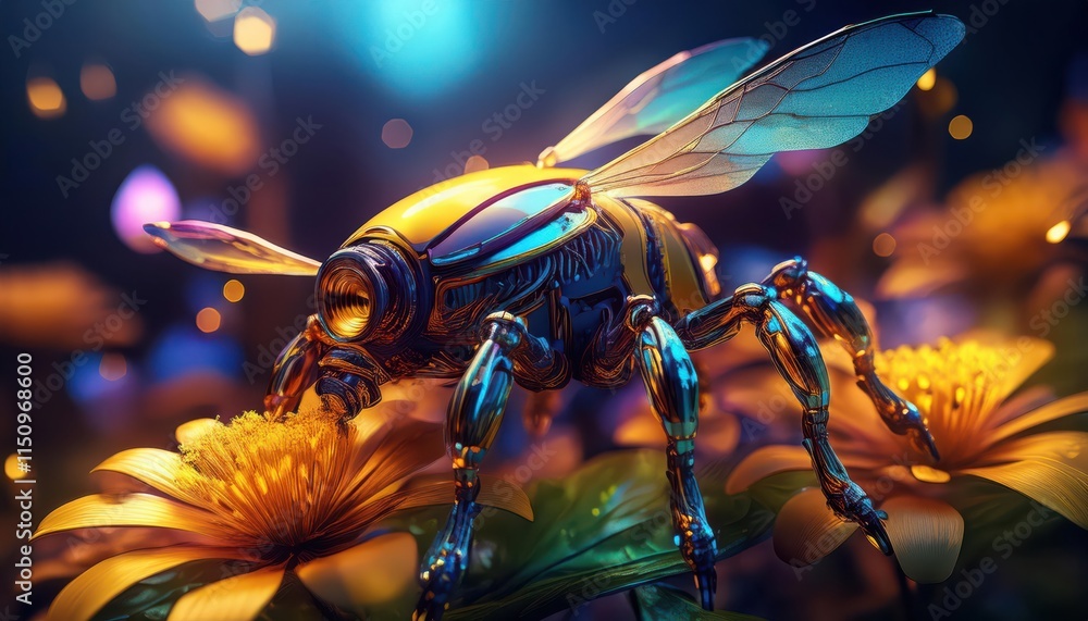 A vibrant, mechanical bee pollinates bright flowers in a surreal, colorful environment, blending nature with technology. A vibrant, mechanical bee pollinates bright flowers in a surreal, colorful environment, blending nature with technology.