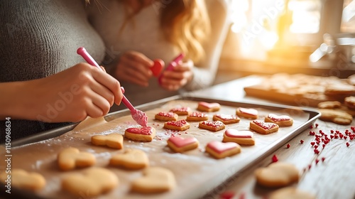 A romantic baking moment in a rustic kitchen, featuring a couple laughing while decorating heart-shaped cookies, trays of golden cookies on the counter, pink icing tubes, red sprinkles,