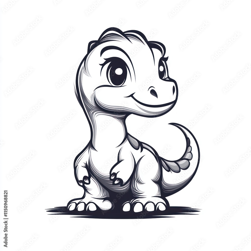 Naklejka premium Cute cartoon dinosaur, outlined in black on a white background.