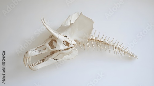 A skeleton of a Leptoceratops, with a small frill and sharp beak, displayed on a white backdrop photo