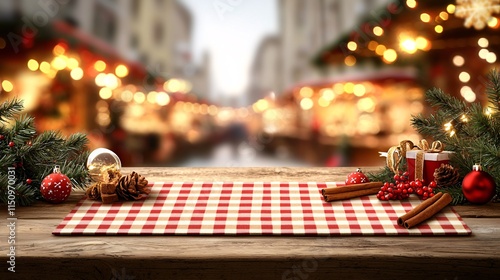 Table top gingham concept. A festive table setting with a checkered cloth, surrounded by holiday decorations, and a blurred Christmas market in the background. photo