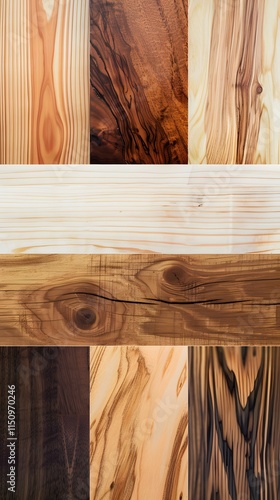 Diverse wood textures featuring rich grain patterns and natural variations in color and finish.