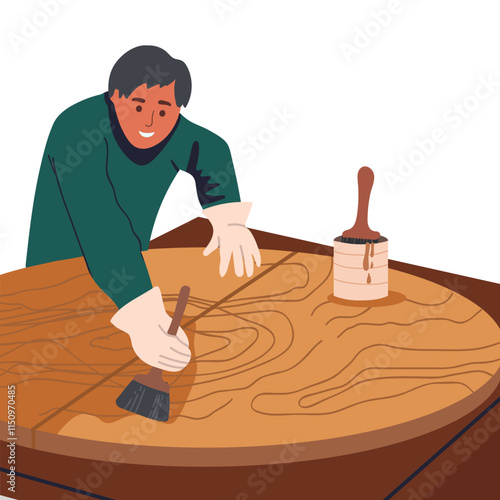 Coating wood, wooden plank with oil, varnish. Finishing hardwood board with final protection layer. Applying, spreading lacquer on timber. Flat graphic vector illustration isolated on white background