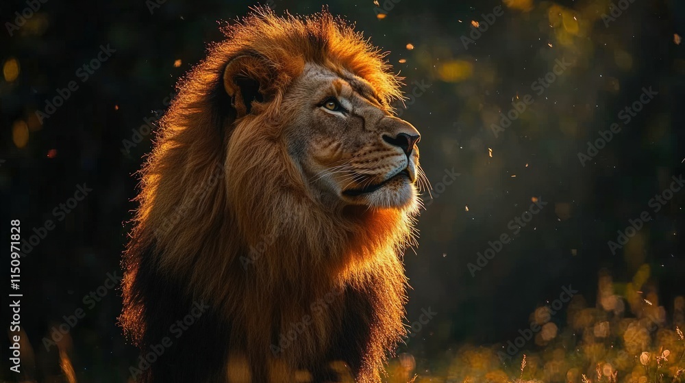 Naklejka premium Majestic lion, golden mane, sunset glow.