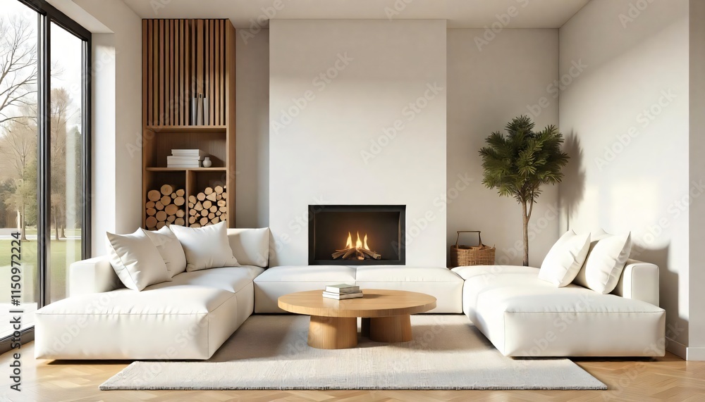 Fototapeta premium Modern Living Room Interior Design Cozy Fireplace White Sofa Wooden Accents