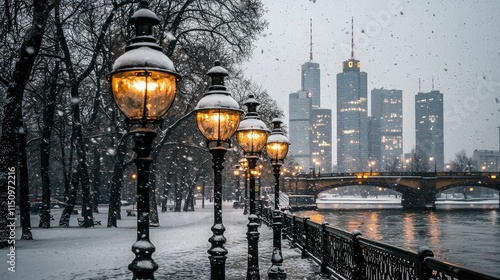 Snowfall in the City Romantic Winter Scene with Illuminated Streetlights and Skyline