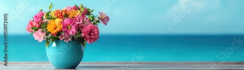 Wallpaper Mural Vibrant flowers in a blue vase with a serene ocean backdrop. Torontodigital.ca