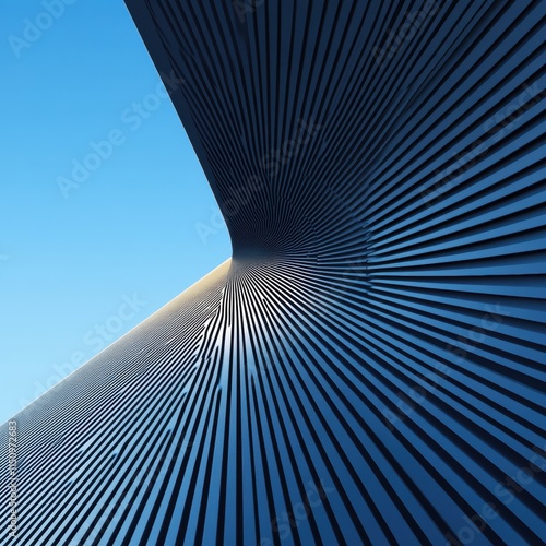 The image is a blue and white photograph of a building with a curved design