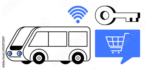 Bus, wireless symbol, key, and shopping cart icon. Ideal for transportation, technology, smart cities, e-commerce, mobility solutions, connectivity, accessibility concepts. Simplistic lines