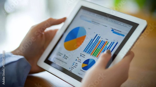 Hands holding tablet displaying financial charts and graphs