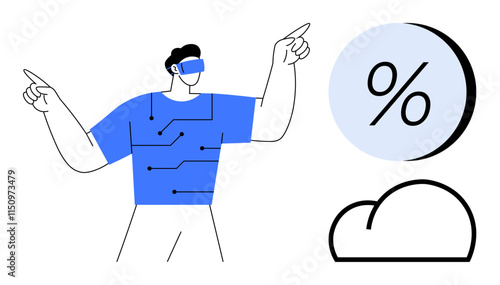 Man wearing VR headset and pointing, with a blue circuit-patterned shirt, cloud and percentage symbol. Ideal for technology, innovation, virtual reality, cloud computing, digital transformation, data