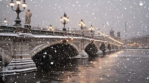 Parisian Bridge in Winter Snowfall