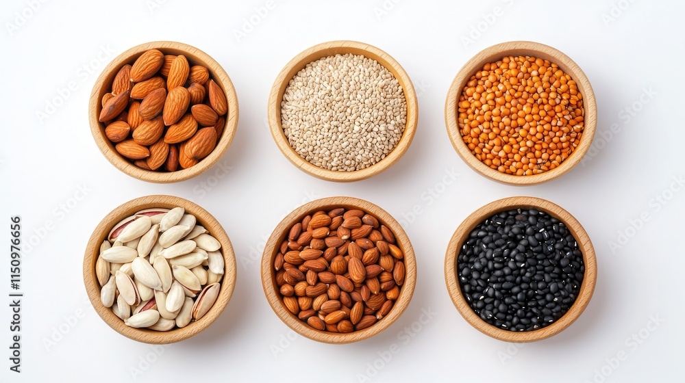 Variety of Nuts and Seeds in Wooden Bowls on White Background Variety of Nuts and Seeds in Wooden Bowls on White Background
