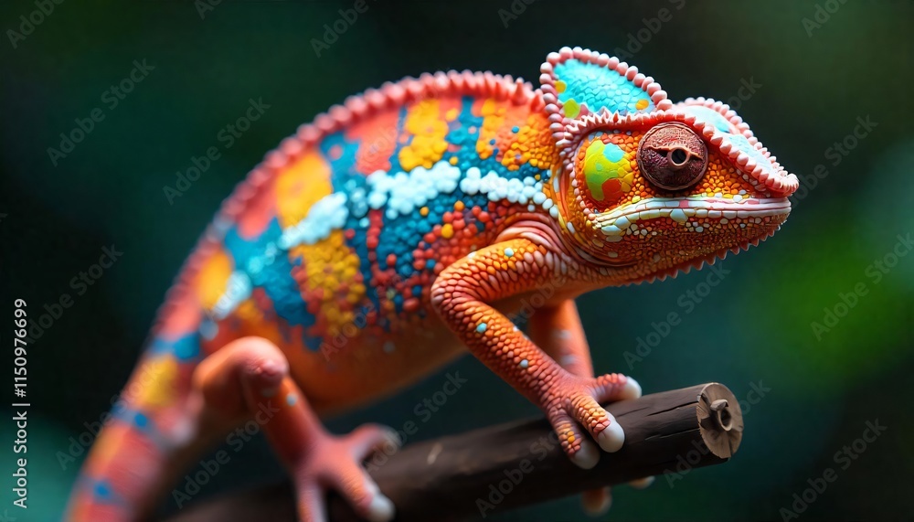 Vibrant Chameleon on Branch Exotic Reptile Colorful Skin Wildlife Photography Vibrant Chameleon on Branch Exotic Reptile Colorful Skin Wildlife Photography