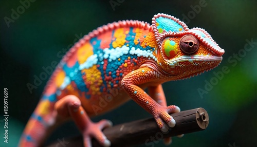 Vibrant Chameleon on Branch Exotic Reptile Colorful Skin Wildlife Photography