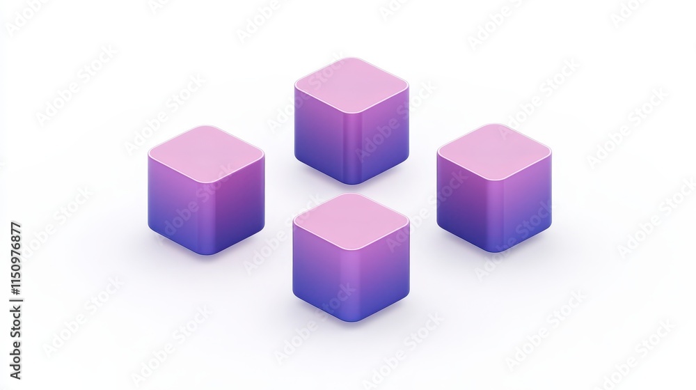 Four gradient cubes in shades of pink and purple, arranged in a symmetrical pattern against a white background.