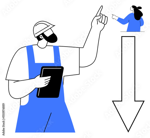 Construction worker in blue overalls and a helmet holds a tablet while pointing upward where a woman provides instructions. Ideal for construction, teamwork, project management, communication