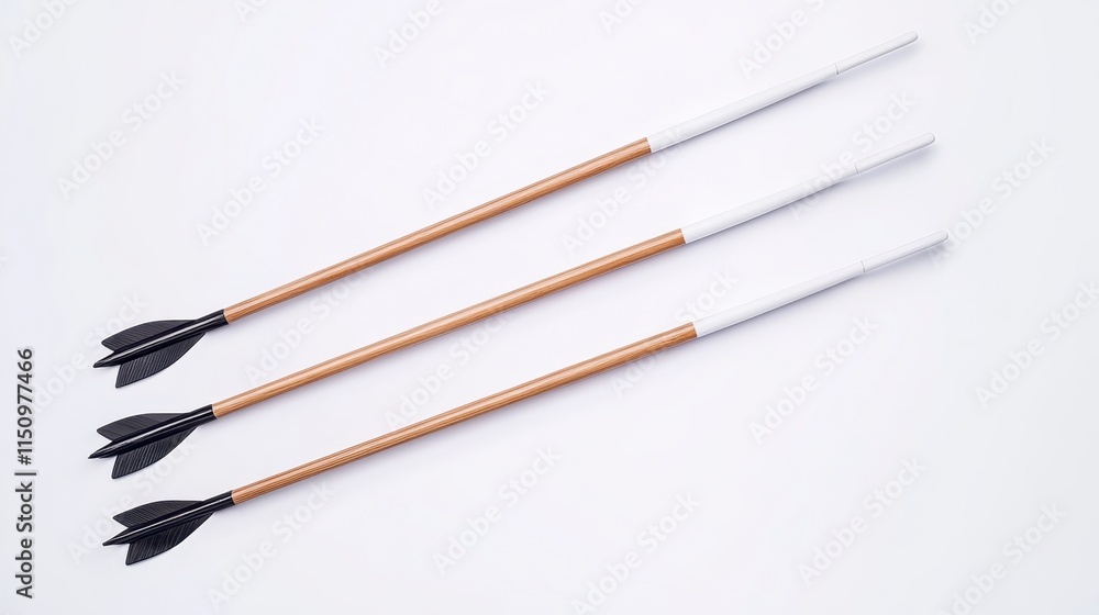 Three wooden arrows with black fletching and metal tips lie against a white background, showcasing traditional archery equipment. Three wooden arrows with black fletching and metal tips lie against a white background, showcasing traditional archery equipment.